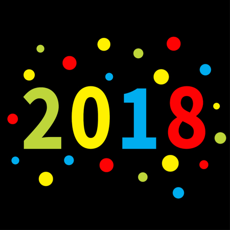 2018 New Year. Colorful round dot. Template for greeting card, calendar, presentation, flyer, leaflet, postcard and poster. Paper effect. Flat design Black background Isolated. Vector illustrationのイラスト素材