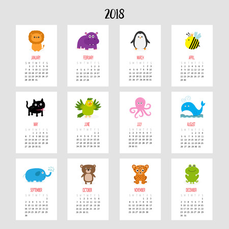 Animal character vertical monthly calendar 2018.のイラスト素材