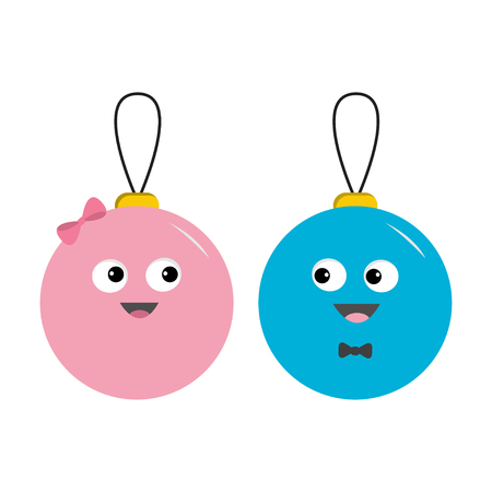 Christmas ball toy icon set. Love couple boy girl looking on each other. Bow tie. Funny smiling face head. Cute cartoon character. Red and blue. White background. Flat design. Vector illustrationのイラスト素材