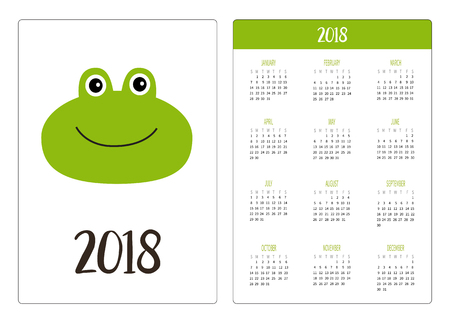 Pocket calendar 2018 year. Week starts Sunday. Funny frog head face.のイラスト素材