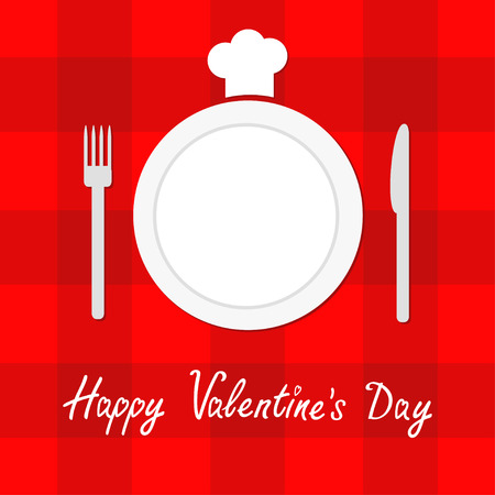 Happy Valentines Day Menu card. Fork, plate, knife and chefs hat. Red checkered pattern tablecloth. Gingham, picnic blanket. Flat design style. Cell texture background. Vector illustration.のイラスト素材