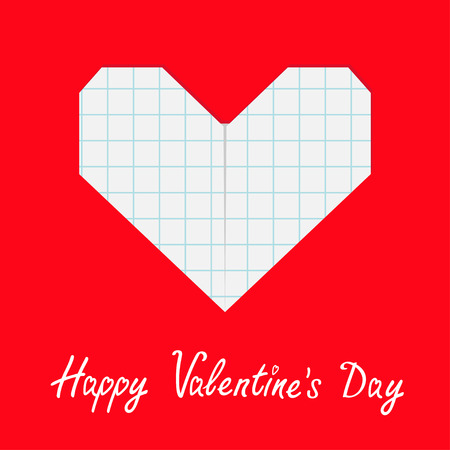 Happy Valentines day sign symbol. Notebook squared paper heart icon. Origami handmade craft fold. Lined texture. Cute graphic shape. Flat design. Love greeting card. Isolated. Red background. Vectorのイラスト素材