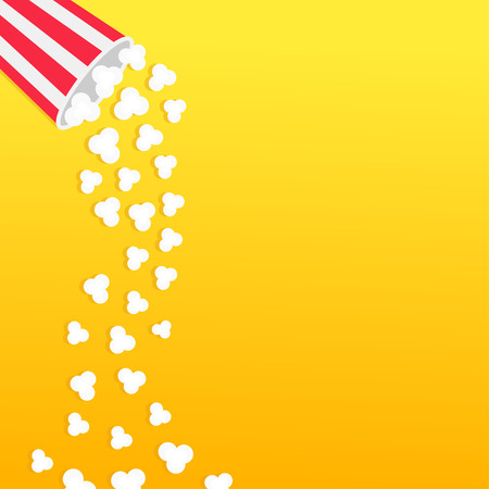 Popcorn falling from round box. Movie Cinema icon in flat design style. Pop corn raining down in the air. Yellow gradient background. Fast food. Left side template. Vector illustrationのイラスト素材