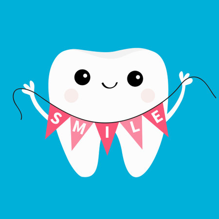 Healthy tooth icon holding bunting flag Smile. Oral dental hygiene. Children teeth care. Cute...