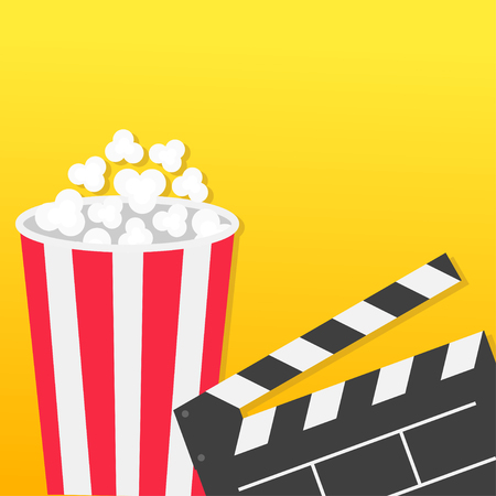 Popcorn round box. Open clapper board. Movie Cinema icon set in flat design style. Pop corn popping. Yellow gradient background. Fast food. Vector illustrationのイラスト素材