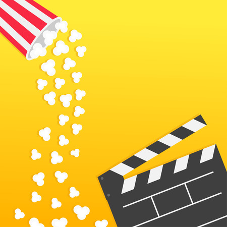 Popcorn falling from round box. Open clapper board. Movie Cinema icon Flat design style. Pop corn raining down in the air. Yellow gradient background. Fast food. Left side template Vector illustrationのイラスト素材