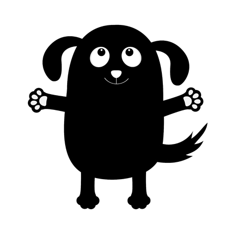 Dog puppy face black silhouette holding hands up. Pet collection, pooch, paw print hug flat design. Cute cartoon funny character white background isolated vector illustration.のイラスト素材