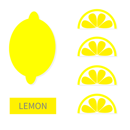 Lemon fruit icon set. Yellow slice in a row. Cut half. Healthy lifestyle food. Flat lay design. Pastel bright color. Top air view. White background. Isolated. Vector illustrationのイラスト素材