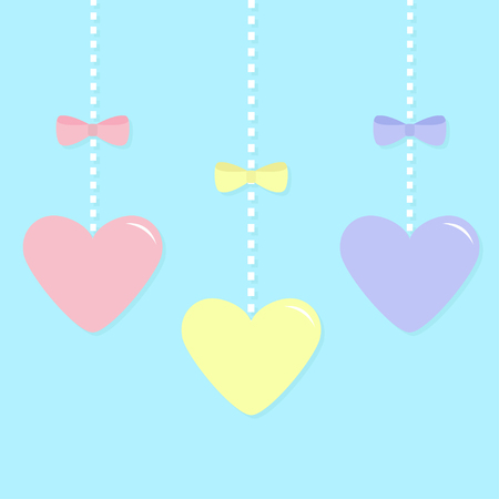 Pink blue yellow paper hearts hanging on dash line, bow. Happy Valentines day sign symbol. Cute graphic shape. Flat design. Love greeting card. Isolated. Cute background. Vector illustrationのイラスト素材