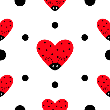 Ladybug Ladybird icon set. Heart shape. Baby collection. Funny baby insect. Black dots. Seamless Pattern Wrapping paper, textile template. White background. Flat design. Vector illustrationのイラスト素材