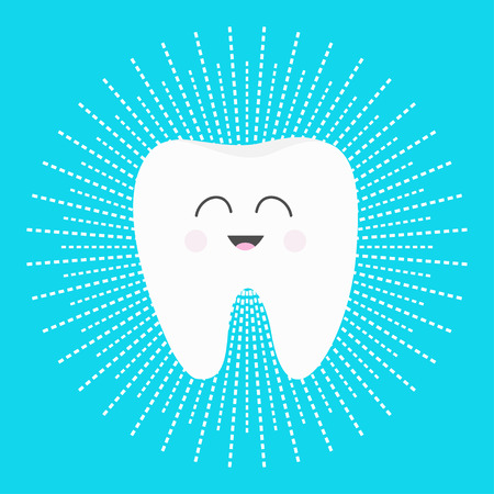 Healthy white tooth icon with smiling face. Cute cartoon character. Dash line round circle. Oral dental hygiene. Children teeth care. Shining effect stars. Bright blue background. Flat design. Vectorのイラスト素材