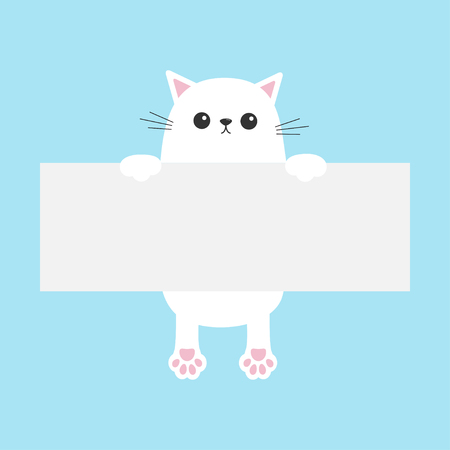 White funny cat hanging on paper board template. Kitten body with paw print. Cute cartoon character. Kawaii animal. Baby card. Pet collection. Flat design style. Blue background Isolated Vectorのイラスト素材