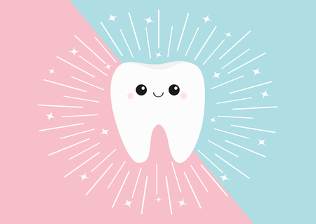 Healthy tooth icon. Cute kawaii face with eyes and smile. Round line circle. Flat design. Oral dental hygiene. Children teeth care. Shining effect stars. Pink blue pastel color background. Vectorのイラスト素材