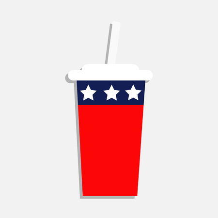Soda drink glass with straw icon. Cinema icon in flat design style. American flag Stars and strips. Isolated. Red and blue color. White background. Isolated. Holiday sign symbol. Vector illustrationのイラスト素材