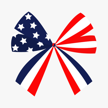 Ribbon bow shape American flag Stars and strips icon. Isolated. Red and blue color. White background. Holiday sign symbol. Flat design. Vector illustrationのイラスト素材