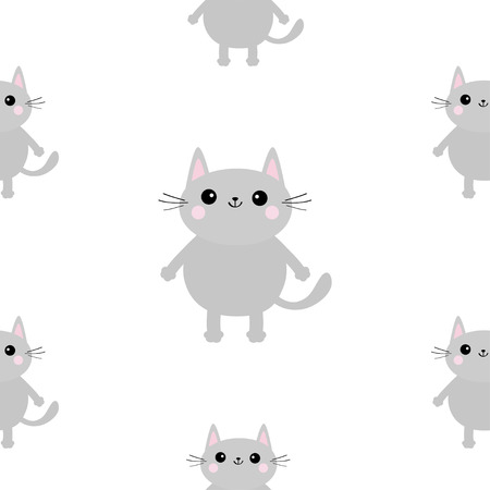 Gray cat head, hands with paw print Cute cartoon kawaii character. Baby pet collection. Seamless Pattern Wrapping paper, textile template. White background. Flat design. Vector illustrationのイラスト素材
