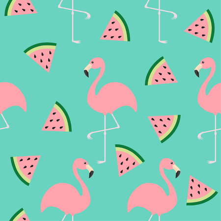 Flamingo set. Seamless Pattern Exotic tropical bird. Watermelon triangle slice seeds. Zoo animal collection. Cute cartoon character. Decoration element. Green background. Isolated. Flat design. Vectorのイラスト素材