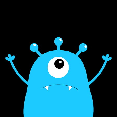 Monster scary face head icon. One eye, ears, fang tooth. Hands up. Cute cartoon boo spooky character. Blue silhouette. Kawaii funny baby. Happy Halloween. Flat design. Black background Vectorのイラスト素材