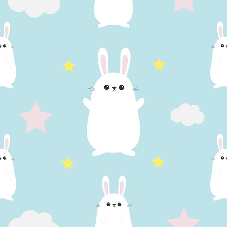 Seamless Pattern Rabbit hare head, hands. Cloud, star shape. Cute cartoon kawaii character. Baby pet collection. Wrapping paper, textile template. White background. Flat design. Vector illustrationのイラスト素材