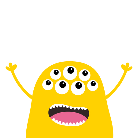 Monster scary screaming face head icon. Eyes, fang tooth, tongue, hands up. Cute cartoon boo spooky character Yellow silhouette. Kawaii funny baby. Happy Halloween. Flat design White background Vectorのイラスト素材