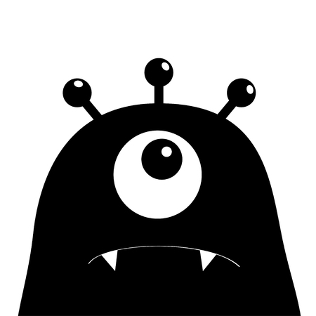 Monster head silhouette. One eye, teeth, fang. Black Funny Cute cartoon character. Baby collection. Happy Halloween card. Flat design. White background. Isolated. Vector illustrationのイラスト素材