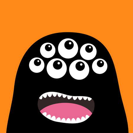 Screaming monster head silhouette. Many eyes, teeth, tongue. Black Funny Cute cartoon character. Baby collection. Happy Halloween card. Flat design. Orange background. Vector illustrationのイラスト素材