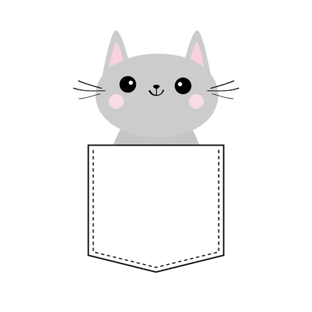 Cute gray cat in the pocket. Pink cheeks. Doodle contour linear sketch. Cartoon animals. Kitten kitty character. Dash line. Pet animal. White background. T-shirt design. Baby background. Flat Vectorのイラスト素材