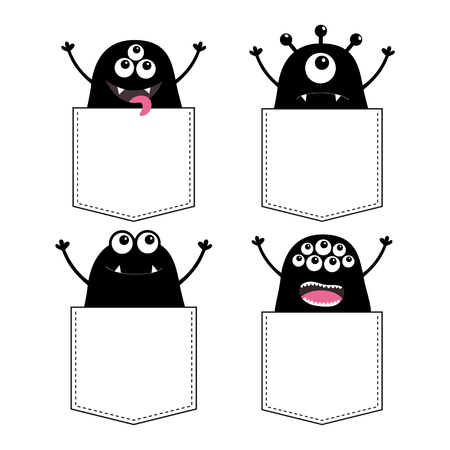 Black monster silhouette set in the pocket. Hands up. Cute cartoon scary funny character. Baby collection. T-shirt design. Eyes, fang tooth. White background. Happy Halloween. Flat design. Vectorのイラスト素材