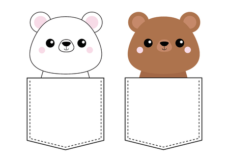 Grizzly white bear set. Head face sitting in the pocket. Pink cheeks. Doodle linear sketch. Cute cartoon character. T-shirt design. Dash line. Pet animal. Baby background. Flat Vector illustrationのイラスト素材