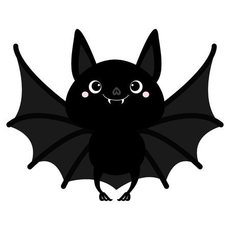 Bat flying. Cute cartoon baby character with big open wing, ears, legs. Happy Halloween. Black silhouette. Forest animal. Flat design. White background. Isolated. Greeting card. Vector illustrationのイラスト素材