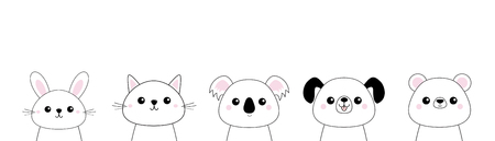 Bear, dog, cat kitten, rabbit, hare, grizzly, koala head face set. Doodle linear sketch. Pink cheeks. Cute cartoon character. T-shirt design. Pet animal collection Baby background. Flat Vectorのイラスト素材