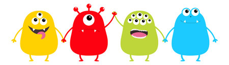 Monster set holding hands. Cute cartoon colorful scary character. Eyes, tongue. Funny baby...