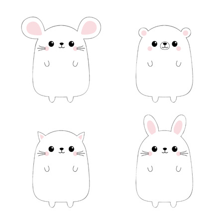 Cat kitten kitty, mouse, bear, rabbit hare icon set. Black contour silhouette. Doodle linear sketch. Kawaii animal. Cute cartoon character. Funny baby. Love card. Flat design. White background. Vectorのイラスト素材