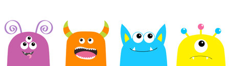 Cute monster face set. Cartoon scary funny character. Happy Halloween. Colorful silhouette. Baby...