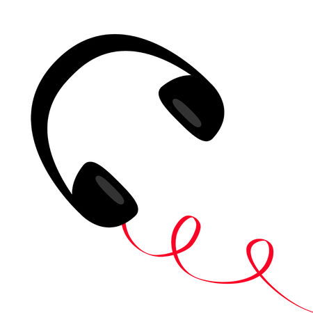 Headphones with spring curl red cord. Black silhouette. Greeting card. Flat design. White background. Isolated. Vector illustration.のイラスト素材