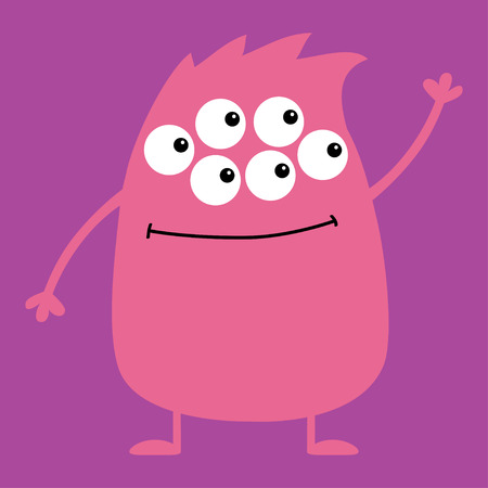 Cute pink monster icon. Happy Halloween. Cartoon colorful scary funny character. Eyes, hair, holding hands up, waving hand. Funny baby collection. Violet background Isolated. Flat design. Vectorのイラスト素材