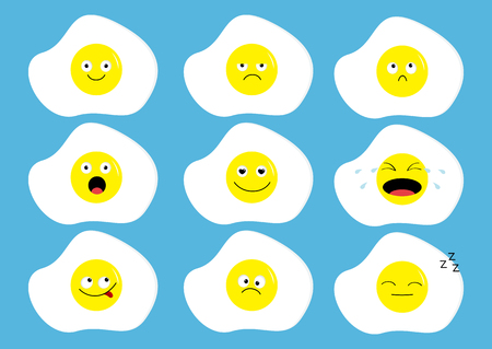 Fried egg icon emoji set. Funny kawaii cartoon characters. Emotion collection. Happy, surprised, smiling crying sad angry face head. Food breakfast. Flat design Blue background Vector illustrationのイラスト素材