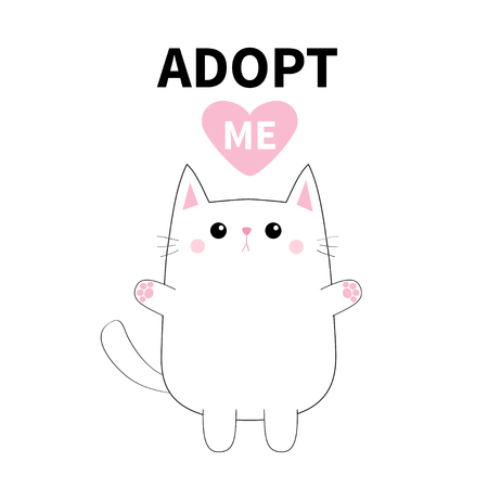 Adopt me. White contour cat silhouette. Pink heart. Pet adoption. Cute cartoon kitty character. Kawaii animal. Paw print Funny baby kitten Help homeless animal Flat design White background Vectorのイラスト素材