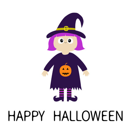 Happy Halloween. Girl wearing Witch costume curl hat. Orange pumpkin. Cartoon funny spooky baby magic character. Cute head face. Greeting card. Flat design. White background. Isolated. Vectorのイラスト素材