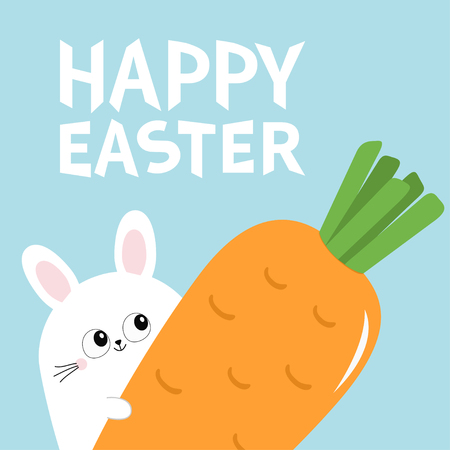 Happy Easter White bunny rabbit holding big carrot. Funny head face, eyes, ears. Cute kawaii cartoon character. Baby greeting card. Blue background. Flat design. Vector illustrationのイラスト素材