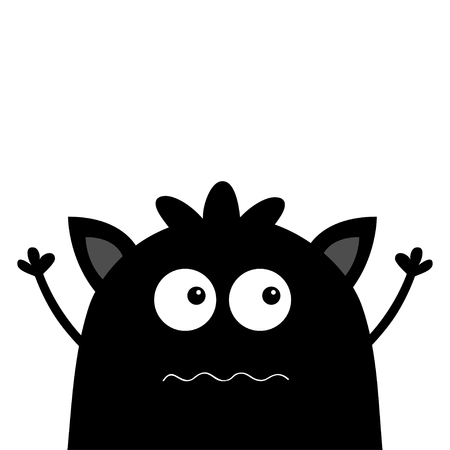 Cute black silhouette monster face icon. Happy Halloween. Cartoon colorful scary funny character. Eyes, ears, mouth, hair. Funny baby collection. White background. Flat design Vector illustrationのイラスト素材