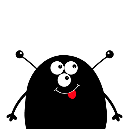 Cute black silhouette monster face icon. Happy Halloween. Cartoon colorful scary funny character. Eyes, ears antenna, mouth, tongue. Funny baby collection. White background Flat design Vectorのイラスト素材