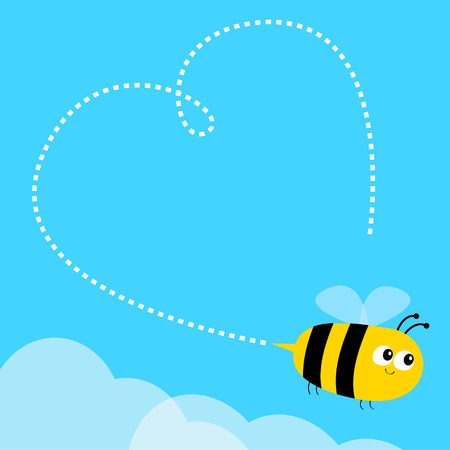 Flying bee icon. Dash line heart. Big eyes. Happy Valentines Day. Cute cartoon funny baby caharacter. Flat design. Blue sky background. White cloud. Vector illustrationのイラスト素材