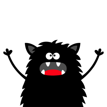 Cute black silhouette monster face icon. Happy Halloween. Cartoon colorful scary funny character. Eyes, tongue, fang, ears, holding hands up. Funny baby collection White background Flat design Vectorのイラスト素材