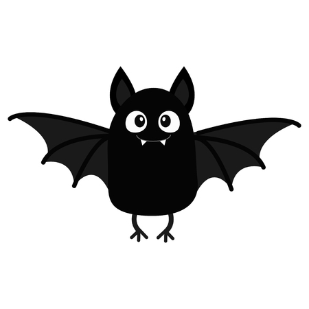 Bat vampire. Happy Halloween. Cute cartoon baby character with big open wing, ears, legs. Black silhouette. Forest animal. Flat design. White background. Isolated. Greeting card. Vector illustrationのイラスト素材