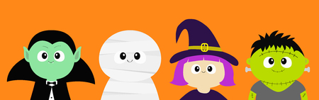 Happy Halloween. Vampire count Dracula, Mummy, whitch hat, zombie round face head body icon set. Cute cartoon funny spooky baby character. Greeting card. Flat design Orange background. Vectorのイラスト素材