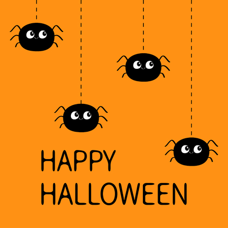 Happy Halloween. Spider set. Four hanging black spiders on dash line web. Cute cartoon baby character set. Flat material design. Orange background. Isolated. Vector illustrationのイラスト素材