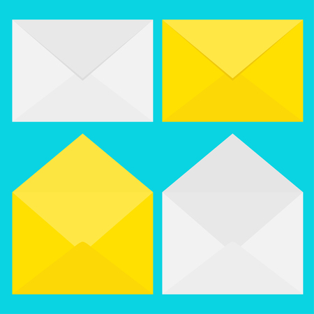Email icon. White and yellow paper envelope set. Letter template. New message sign symbol. Unread notification. Flat design. Blue background. Isolated. Vector illustrationのイラスト素材