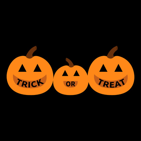 Pumpkin family. Mother Father Baby Happy Halloween. Trick or treat text. Funny creepy smiling face. Cute cartoon character. Greeting card. Black background. Flat design. Vectorのイラスト素材