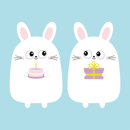 White bunny rabbit holding gift box, cake. Funny head face. Big eyes. Cute kawaii cartoon character. Baby greeting card template. Happy Birthday sign symbol. Blue background. Flat design. Vectorのイラスト素材